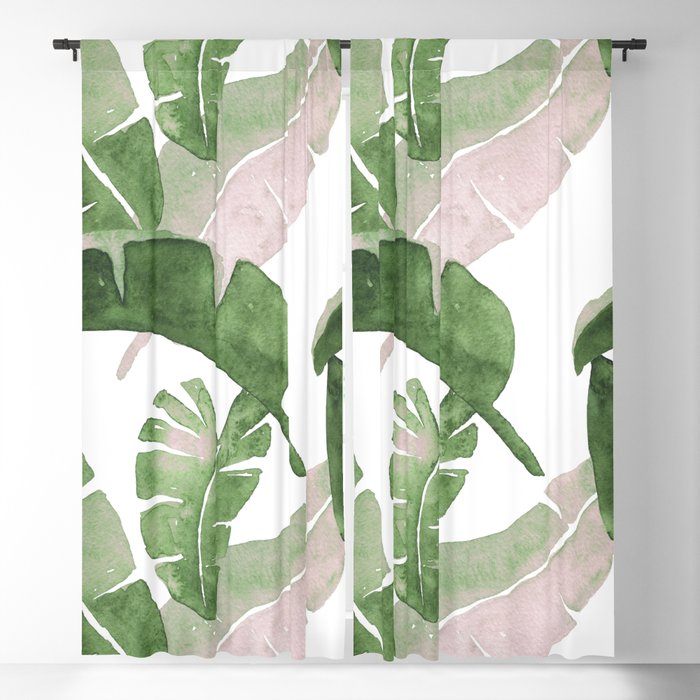 Tropical Leaves Green And Pink Blackout Curtain