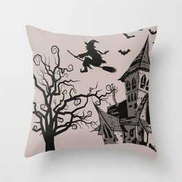 Halloween Witch Flying On Broom Silhouette, Scary Tree House And Bats Throw Pillow