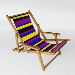 [ Thumbnail: Yellow, Black, Purple, and Dark Blue Colored Pattern of Stripes Sling Chair ]