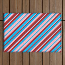 [ Thumbnail: Deep Sky Blue, Pink, and Red Colored Lined/Striped Pattern Outdoor Rug ]