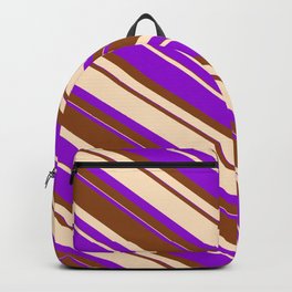 [ Thumbnail: Dark Violet, Brown & Bisque Colored Striped Pattern Backpack ]