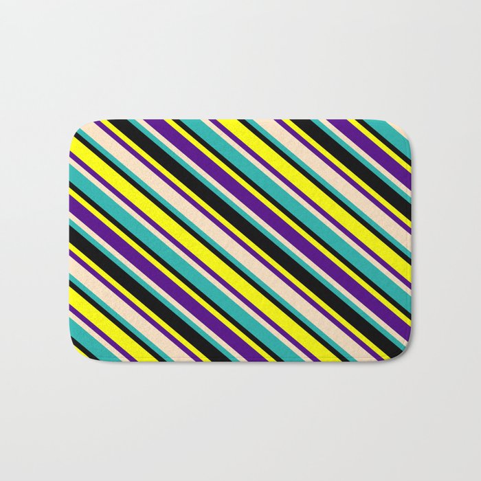 Eyecatching Yellow, Indigo, Bisque, Light Sea Green, and Black Colored Lined Pattern Bath Mat