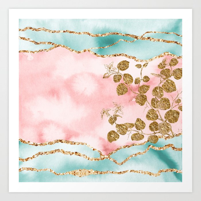 Gold Flowers On Blush And Turquoise Watercolor Marble Art Print