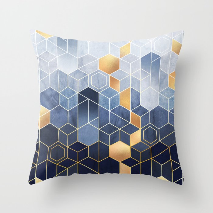 Cloudy Blue + Golden Hexagonal Modern Abstract Pattern Throw Pillow