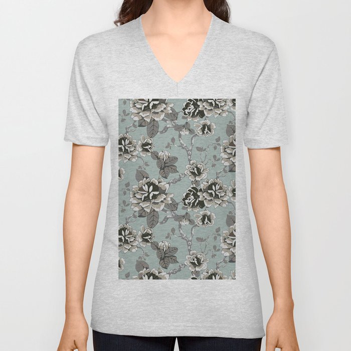 Spring Flowers Pattern Brown on Mint Pastel Blue V Neck T Shirt