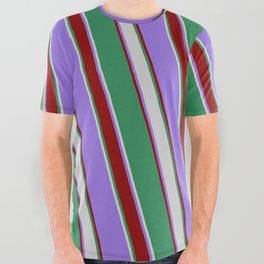 [ Thumbnail: Purple, Dark Red, Sea Green, and Light Grey Colored Lines Pattern All Over Graphic Tee ]