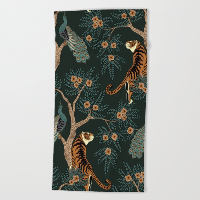Vintage tiger and peacock Beach Towel