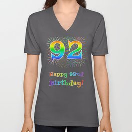[ Thumbnail: 92nd Birthday - Fun Rainbow Spectrum Gradient Pattern Text, Bursting Fireworks Inspired Background V Neck T Shirt V-Neck T-Shirt ]