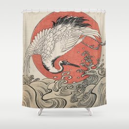 Crane, Waves and Rising Sun Woodblock Isoda Koryusai Shower Curtain