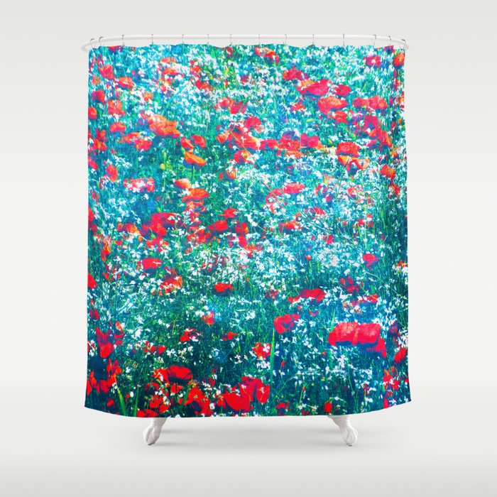 bright red and blue green field of wildflowers vintage photo effect Shower Curtain