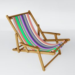 [ Thumbnail: Vibrant Light Coral, Green, Violet, Dark Slate Blue, and Light Yellow Colored Pattern of Stripes Sling Chair ]