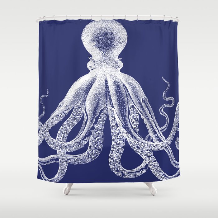 Octopus Navy Blue And White Shower Curtain By Eclecticatheart Octopus Navy Blue And White Shower Curtain