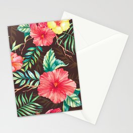 Hand drawn watercolor seamless pattern with colorful tropical flowers hibiscuses and leaves on the dark background Stationery Card