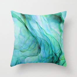 Sea Green Flowing Waves Abstract Ink Painting Throw Pillow