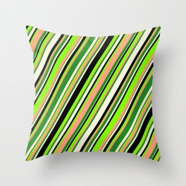 [ Thumbnail: Eyecatching Chartreuse, Light Salmon, Forest Green, Beige & Black Colored Striped/Lined Pattern Throw Pillow ]