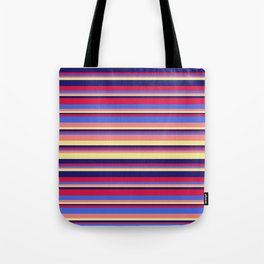 [ Thumbnail: Eye-catching Crimson, Royal Blue, Light Coral, Tan, and Midnight Blue Colored Striped/Lined Pattern Tote Bag ]