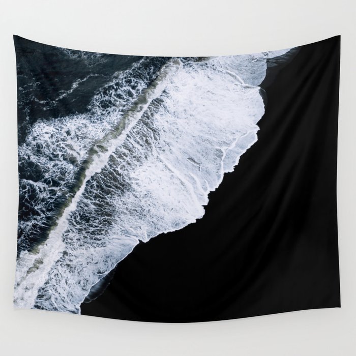 Waves crashing on a black sand beach – Minimal Landscape Photography Wall Tapestry