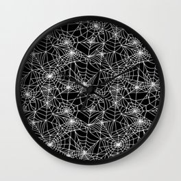 Midnight Cobwebs Wall Clock | Spider, Repeat, Halloween, Pattern, White, Graphicdesign, Black, Outline, Illustrated, Spooky 