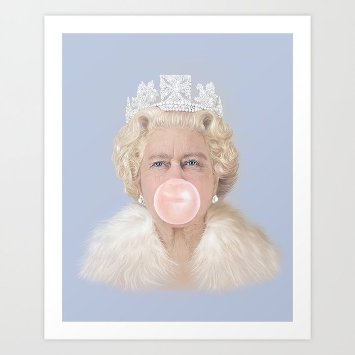 Queen Elizabeth II blowing pink bubble gum pastel blue Art Print