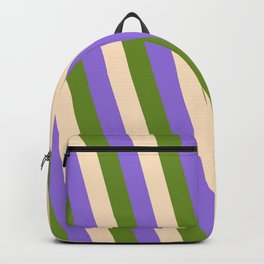 [ Thumbnail: Purple, Green, and Bisque Colored Lines/Stripes Pattern Backpack ]