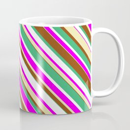 [ Thumbnail: Eye-catching Sea Green, White, Fuchsia, Pale Goldenrod, and Brown Colored Lined/Striped Pattern Coffee Mug ]