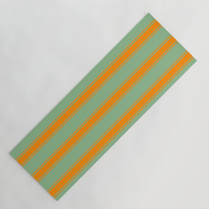 Dark Sea Green & Dark Orange Colored Stripes/Lines Pattern Yoga Mat