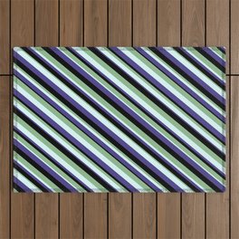 [ Thumbnail: Dark Sea Green, Light Cyan, Dark Slate Blue, and Black Colored Pattern of Stripes Outdoor Rug ]