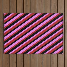 [ Thumbnail: Violet, Red & Black Colored Lines/Stripes Pattern Outdoor Rug ]