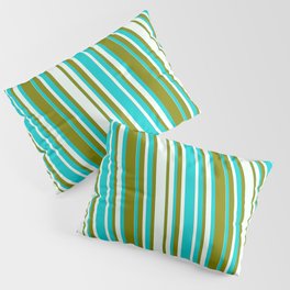 [ Thumbnail: Dark Turquoise, Mint Cream, and Green Colored Striped/Lined Pattern Pillow Sham ]