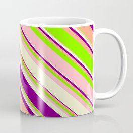 [ Thumbnail: Eye-catching Light Yellow, Purple, Light Salmon, Green & Light Pink Colored Stripes Pattern Coffee Mug ]