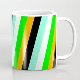 [ Thumbnail: Vibrant Lime, Orange, Black, Aquamarine & Mint Cream Colored Pattern of Stripes Coffee Mug ]