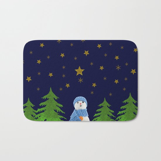 Sparkly gold stars, snowman and green tree Bath Mat