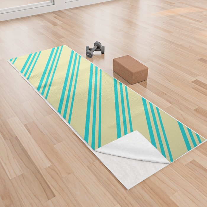Dark Turquoise and Pale Goldenrod Colored Lines/Stripes Pattern Yoga Towel