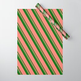 [ Thumbnail: Forest Green, Dark Green & Salmon Colored Stripes Pattern Wrapping Paper ]
