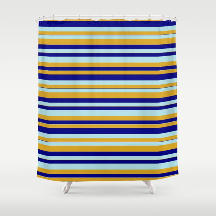 Powder Blue, Goldenrod, and Blue Colored Striped Pattern Shower Curtain