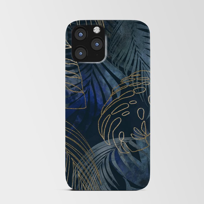 Mystic Jungle Monstera And Palm Leaves Blue And Gold iPhone Card Case