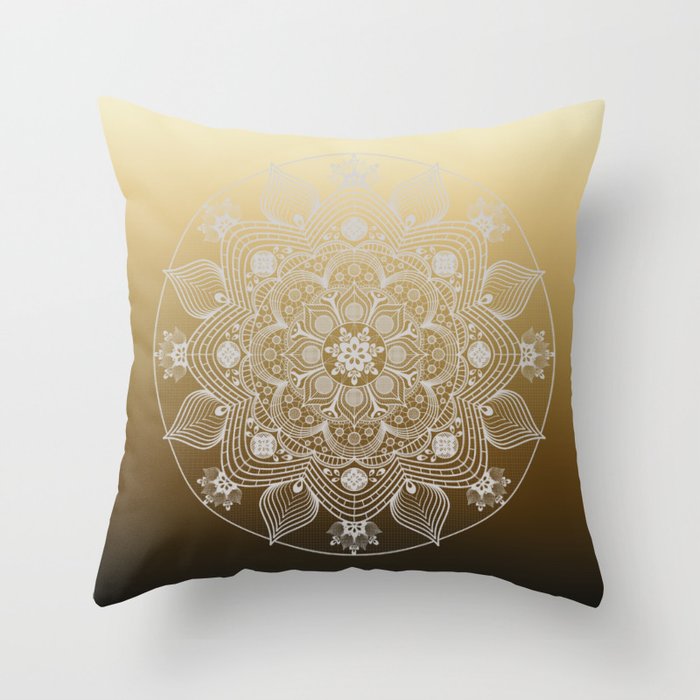 White Lace Boho Floral Mandala of Flowers and Leaves on Golden Ombre Throw Pillow