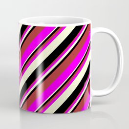 [ Thumbnail: Brown, Fuchsia, Light Yellow, and Black Colored Lines Pattern Coffee Mug ]