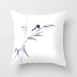 Blue bamboo tree and little bird hand drawn with ink in minimalist style on white background. Throw Pillow