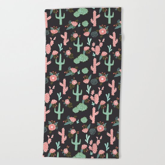 Cactus florals dark charcoal colorful trendy desert southwest house plants cacti succulents pattern Beach Towel