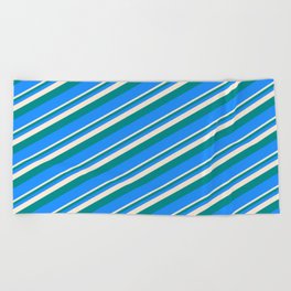 [ Thumbnail: Beige, Dark Cyan, and Blue Colored Lined Pattern Beach Towel ]