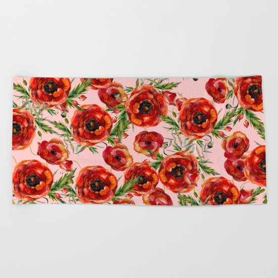 Poppy Pattern On Pink Background Beach Towel