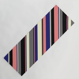 [ Thumbnail: Eye-catching Light Coral, Midnight Blue, Light Yellow, Dim Grey, and Black Colored Striped Pattern Yoga Mat ]