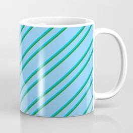 [ Thumbnail: Light Sky Blue, Deep Sky Blue, and Forest Green Colored Striped Pattern Coffee Mug ]