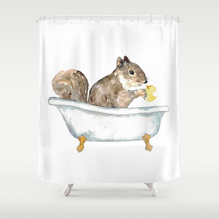 Squirrel taking bath watercolor Shower Curtain