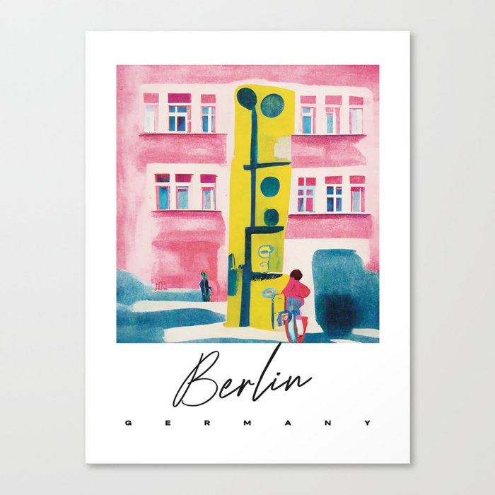 Berlin Street Light Pink Yellow Gouache Travel Poster Retro Canvas Print