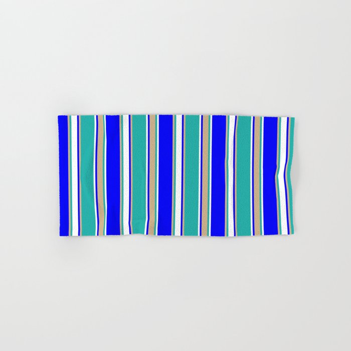 Blue, Tan, Light Sea Green, and White Colored Striped Pattern Hand & Bath Towel