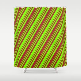 [ Thumbnail: Chartreuse and Brown Colored Stripes/Lines Pattern Shower Curtain ]