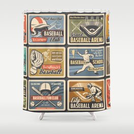 Baseball player and batter with bat, ball at arena. Baseball and softball sport tournament and equipment. Vintage retro sport posters, fan club and championship, cup match Shower Curtain