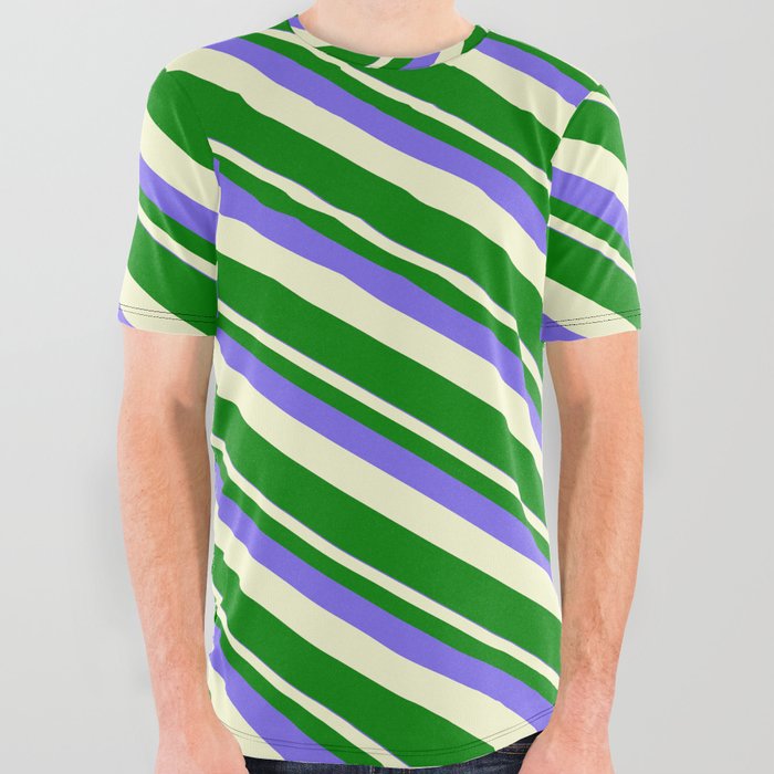 Medium Slate Blue, Light Yellow, and Green Colored Stripes Pattern All Over Graphic Tee
